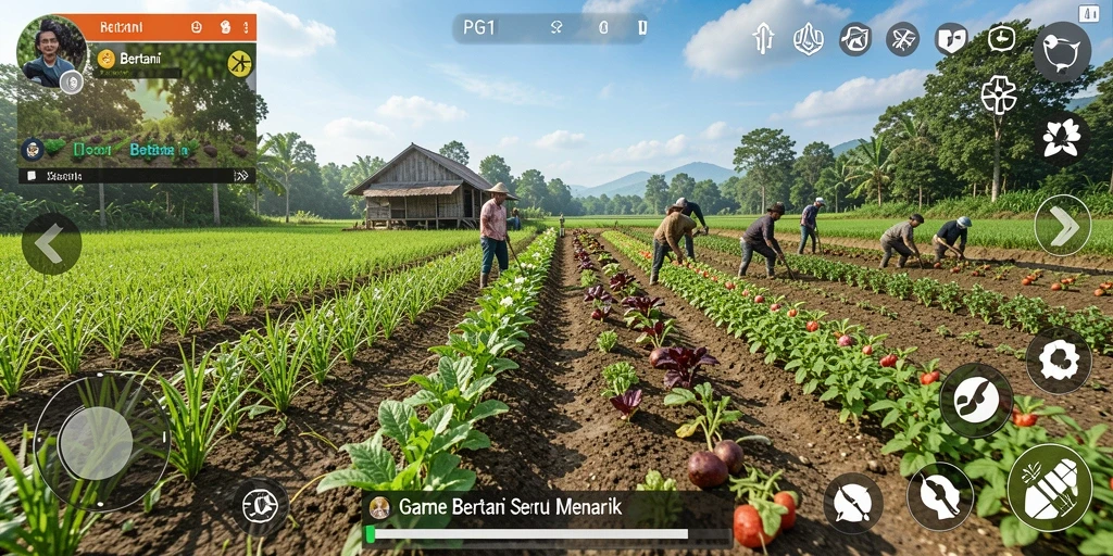 Screenshot PG11 menunjukkan antarmuka pertanian yang colorful dan interaktif.