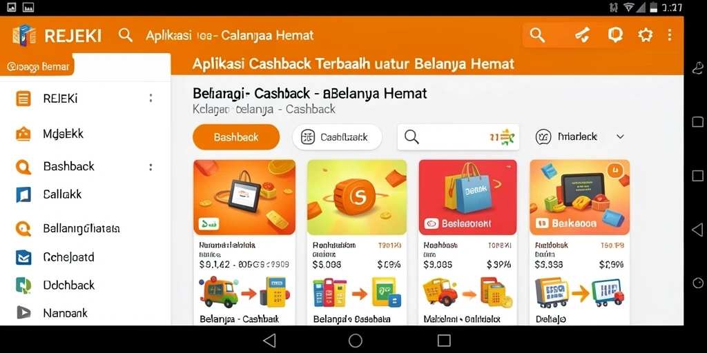 Antarmuka aplikasi REJEKI menampilkan berbagai penawaran Cashback terbaik.